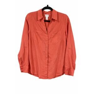 Chico’s 100% Silk Coral Orange Collared Blouse Womens 0 Quiet Luxury Pockets